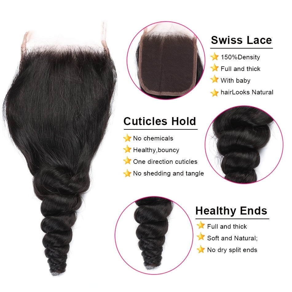 14A Loose Wave Bundles with Closure Human Hair 3 Bundles with 5x5 Lace Closure for Women Free Part 100% Unprocessed Virgin Peruvian Loose Deep Wave Human Hair Weave Bundles with Lace Closure Natural Color